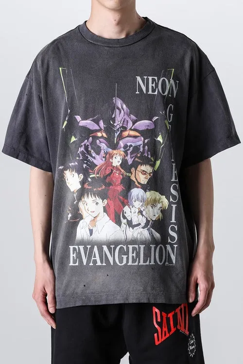 SAINT Mxxxxxx × EVANGELION NEON GNSIS TEE/BLK co-branded Neon Genesis Evangelion distressed short-sleeves, washed black S-XL, vintage NEW VINTAGE, top printing technology, garment dyeing, re-washed, distressed, correct co-branded main mark/washing mark